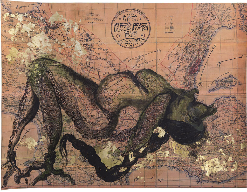 Zehra Dogan Kurdistan 2, 2020. On map, acrylic, felt pen, gold paper, 150 x 114 cm. Ph. Ludovica Magnini. Prometeo Gallery, Milano.