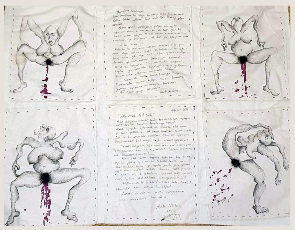 PRISON DIARY (6 pages) "The red army in my pants"65 x 83 cm. Cloth fabric, dog rose juce, ballpoint pen. 2016, Mardin prison.