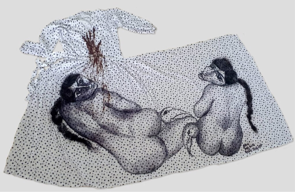 "Toqa Lanetê' (Overflowing of the malediction)230 x 135 cm. Felt pen, hair, menstrual blood. Tarsus prison 2018.