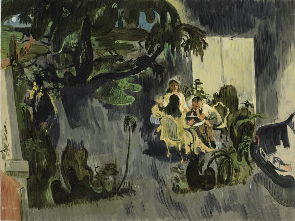 Oil painting on canvas showing a group of three people gathered around a table surrounded by trees.