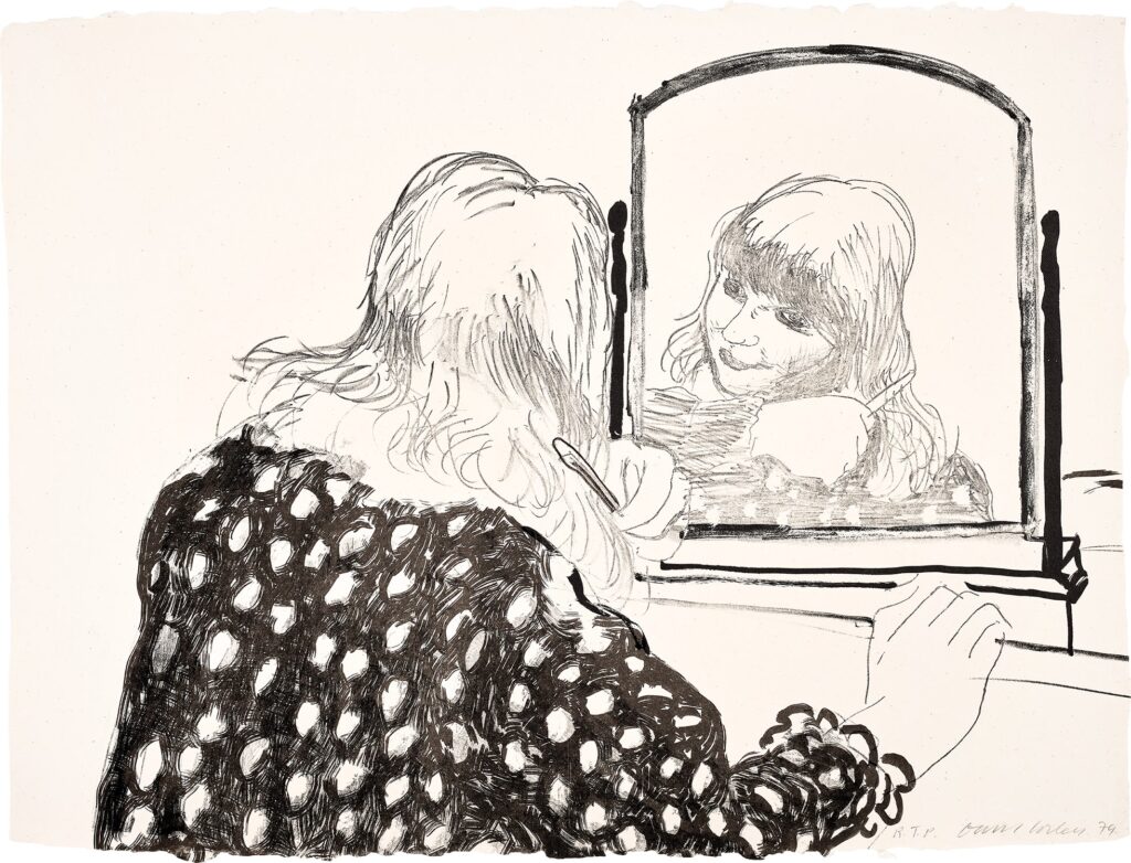 Lithograph of a woman combing her hair in front of a mirror